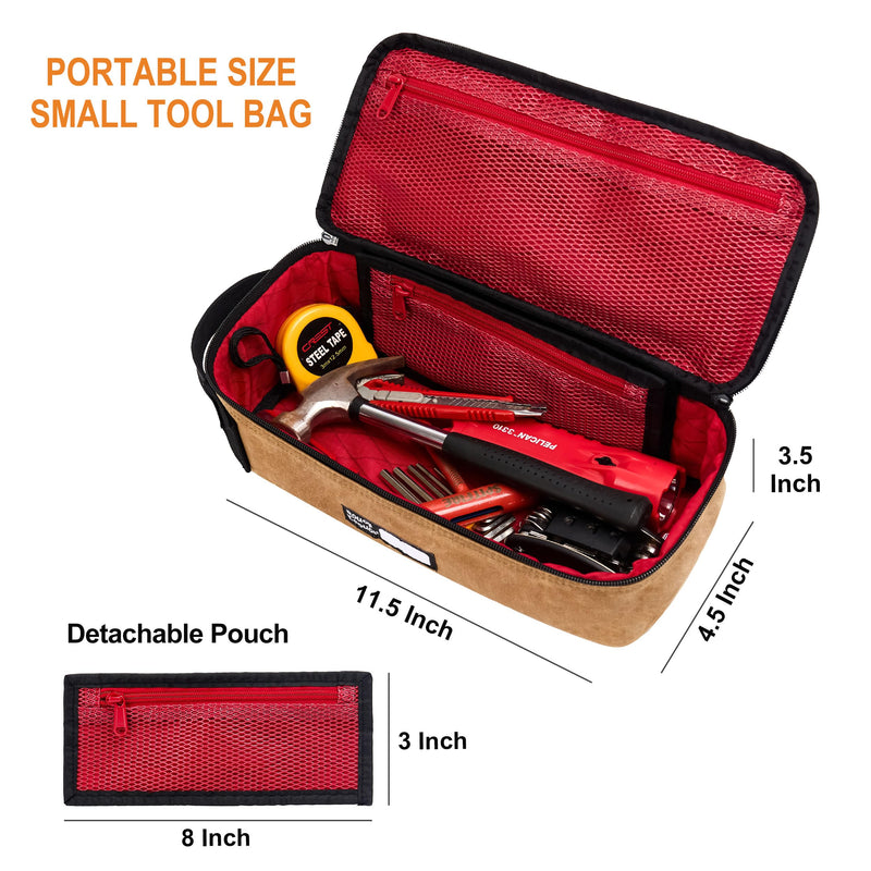 Rough Enough Small Tool Bag for Electricians, 11.5" Double-Waxed Canvas Water-Repellent Organizer, YKK Zipper, Foam Padding, Detachable Mesh Pouch, 3L Capacity, 4-in-1 Carry, Brown