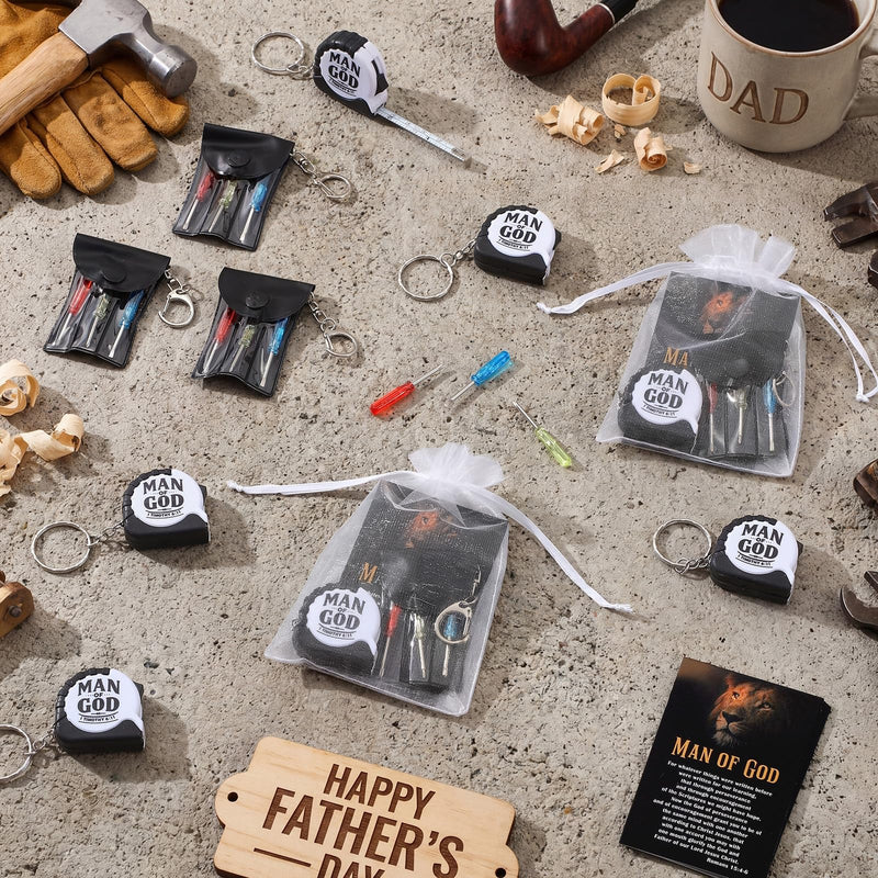 30 Sets Man of God Father's Day Christian Gifts Bulk Mini Screwdriver Keychain Retractable Tape Measure Keychains Mini Screwdrivers in Pouch with Bible Verse Card for Men Father Church Gifts 30