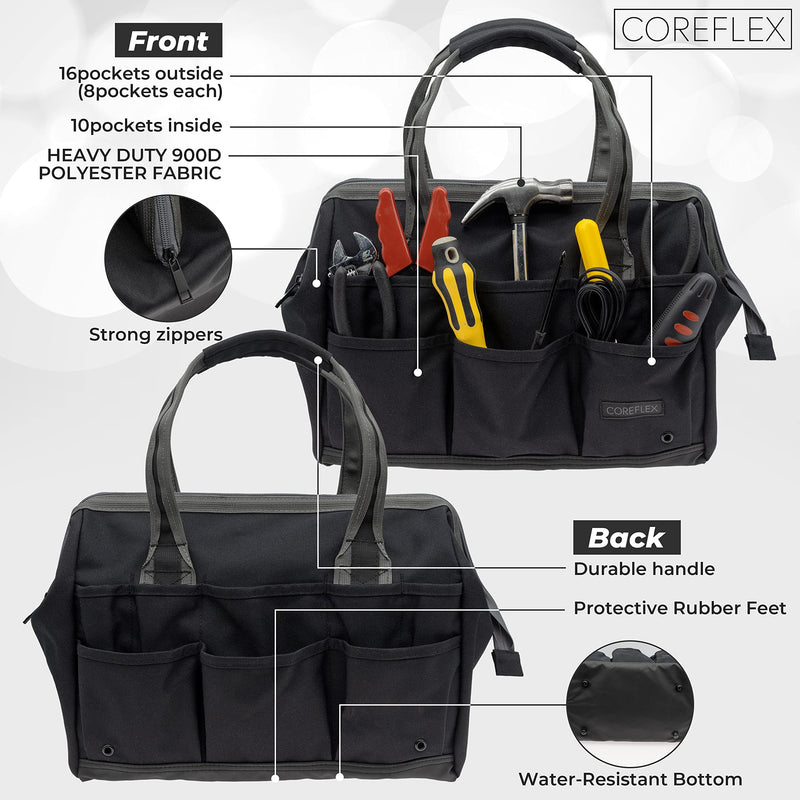 Coreflex 14 inch Wide-Mouth Tool Bag, Gear Bag, Multiple Purpose - for Plumbers, Electricians, Handymen also good for daily use, office use and camping. (Black) Black