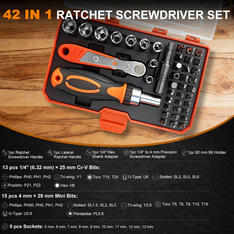 42 in 1 Ratcheting Screwdriver Set with Rotating Handle, Ratchet Wrench Tool Kit for Bike Repair, Electronics, Household DIY - Portable Storage Case 42pcs Ratchet Screwdriver Set