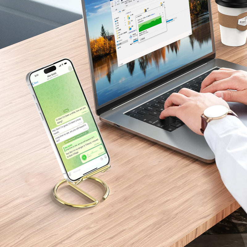 Metal Cell Phone Stand for Desk, Cute One-Piece Phone Holder, Stable Desktop Display Dock for iPhone, iPad, Samsung, Tablets & All Mobile Phones, Gold