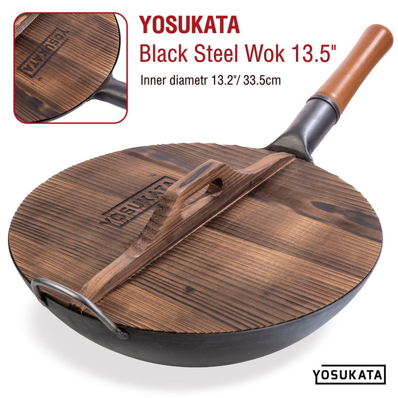 YOSUKATA Premium Wok Cover 13.2" for Wok 13.5"- Wooden lid for Frying Pan - Ergonomic Handle - Condensate-free - Durable Accessories for Carbon Steel - Cast Iron - Stainless Steel & Aluminum Woks 13.2" for wok 13.5"