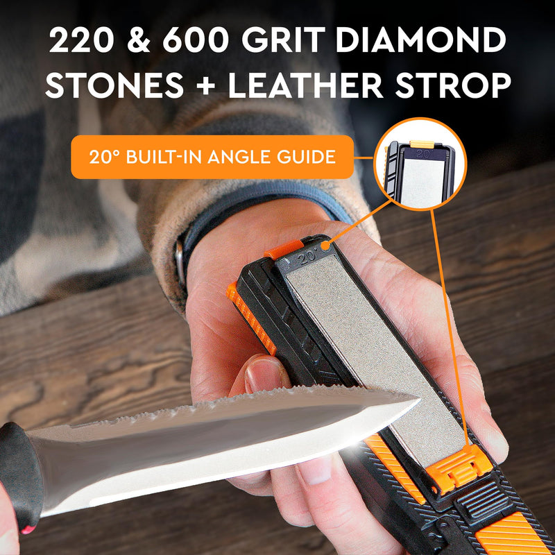 8-in-1 Pocket Field Knife Sharpener – Guided Diamond Whetstones, Diamond Rod, Leather Strop, 2 Sharpening Slots, Fire-Starter Ferro Rod & Whistle – Outdoor, Yard, Camping by Orange Ninja