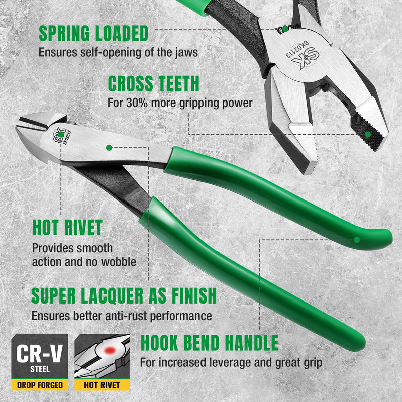 SK 2-Piece Pliers Set, 9-Inch Ironworker's Pliers & Angled Diagonal Plier, Premium CR-V Construction, Side Cutters with Hook Bend Handle Angled Diagonal Pliers