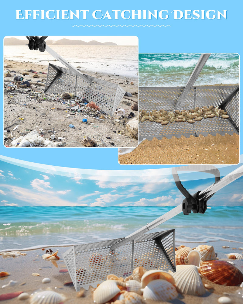 Sand Flea Rake 16" Wide - Detachable 54" Handle with Shark Tooth Screen - Steel Beach Rake for Fishing Bait, Shelling, Yard Cleaning - Saltwater Rust Proof & Portable CHW4881B