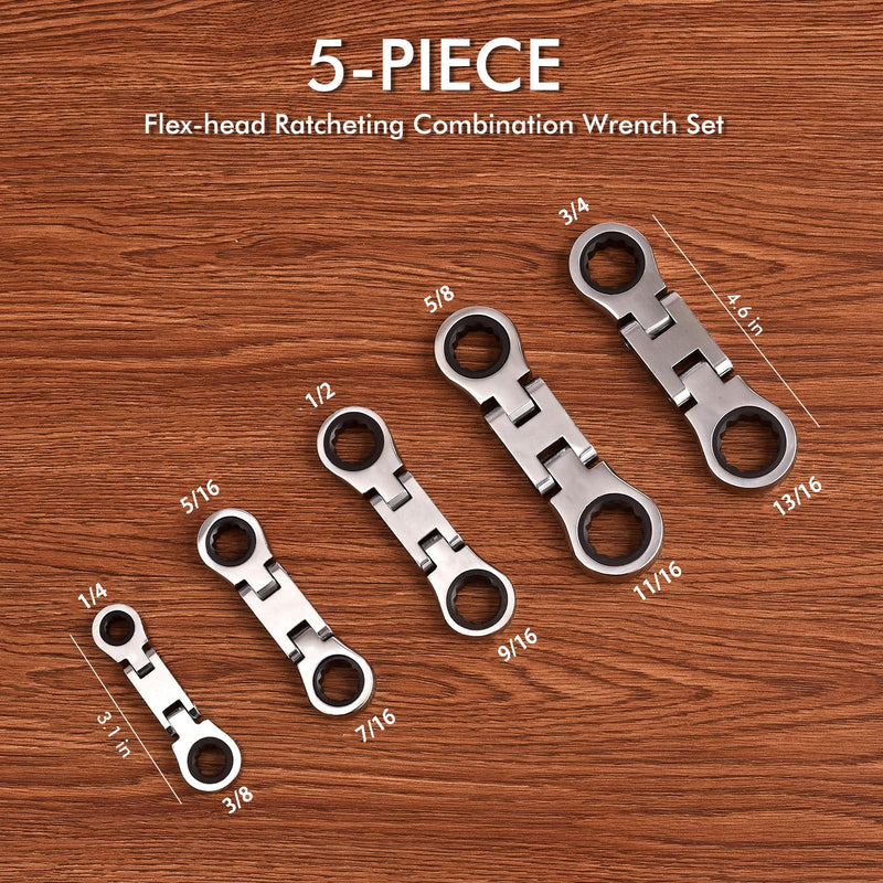 Stubby Wrenches Set, Flex Head Ratcheting Wrench Set Double Box End Ratchet Wrench 1/4 to 13/16 inch 5 Pieces SAE (SAE)