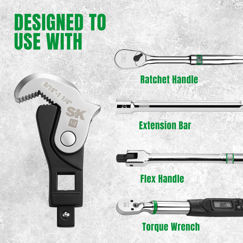 SK 3-Piece Adjustable Crowfoot Wrench Set, 1/4" & 3/8" & 1/2" Drive, Dual-Drive Ends Design, Spring Loaded Jaw with Serrated Teeth, 3/16" to 1-1/4", Premium CR-V Construction