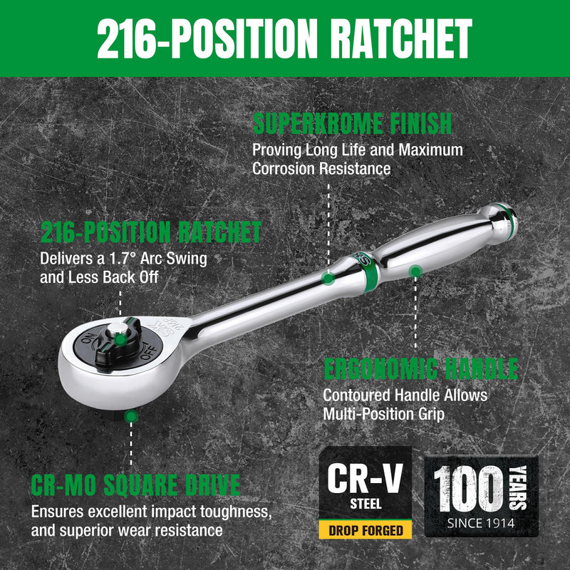 SK 3/8" Drive Ratchet Handle, 216-Position 6 Pawl with Quick-Release Button | Premium CR-V Steel, Ergonomic Contoured Handle for Comfortable Use