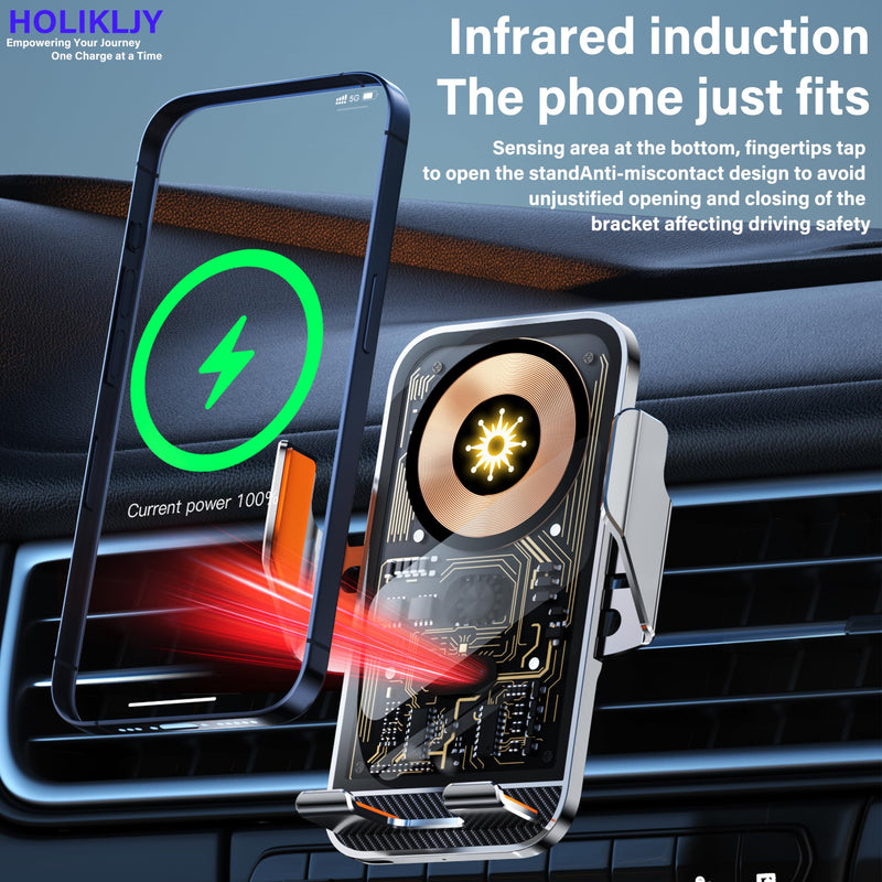 Car Phone Holder Charger Wireless Cell Phone Car Mount - 15W Fast Charging Auto-Clamping Air Vent Car Phone Mount Charger for iPhone 16 Pro Max 16 15 14 13 12 Pro and Sumsung Galaxy Series Silver