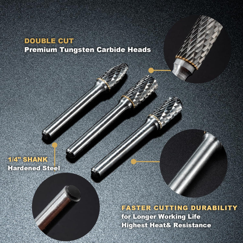 HIDOTOL Carbide Burr Set 1/4" Shank 10PC Tungsten Double Cut Carbide Rotary Burr Set for Metal and Wood Carving, Grinding, Polishing, Engraving, Drilling in Plastic Box. 10PC 1/4 shank
