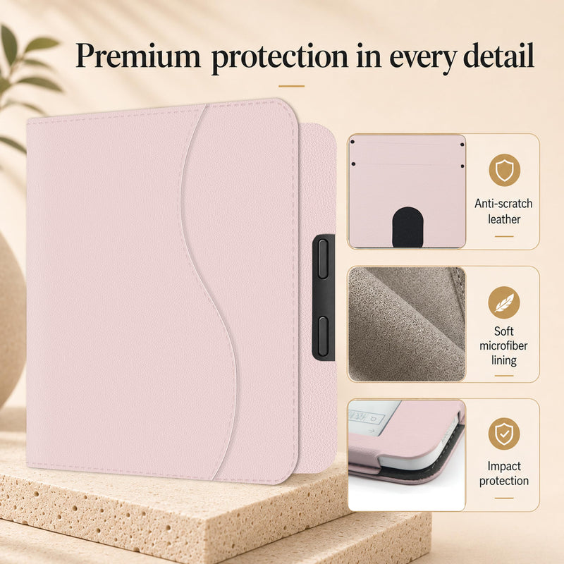 Case for 7" Kobo Libra Colour 2 with Stand and Hand Strap (Pink) | Back‑Attach Magnetic Cover, Auto Wake/Sleep, Front Pocket, Card Slots, PU Leather, for Table Reading, Relive Wrist Strain Pink