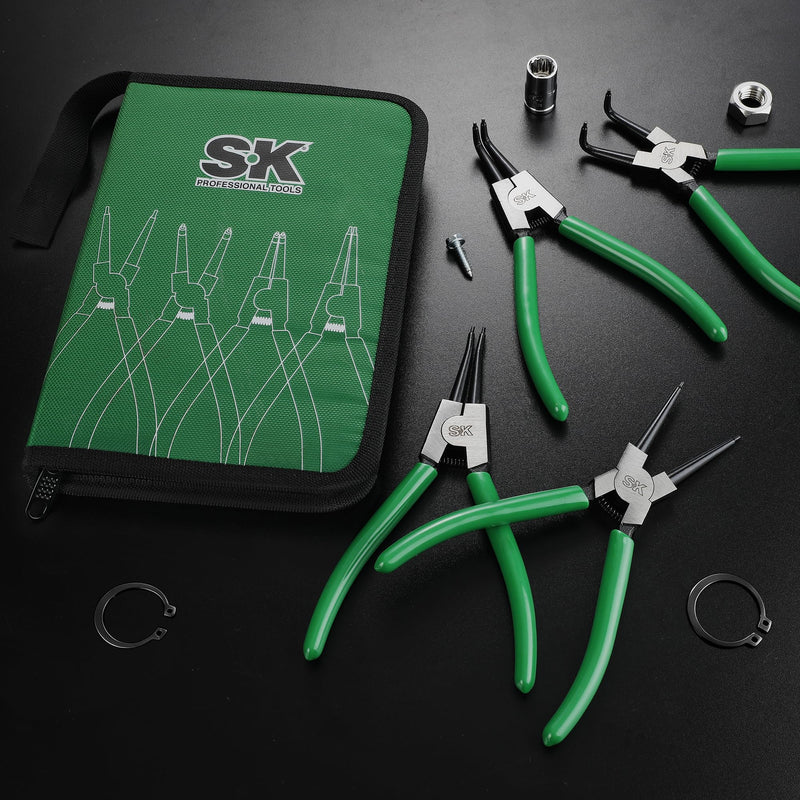 SK 4-Piece Snap Ring Pliers Set, 7-Inch Internal/External Circlip Pliers with Straight/Bent Jaw, 0.07'' Tip Diameter, Premium CR-V Steel, with Zipper Pouch 4-Piece Set