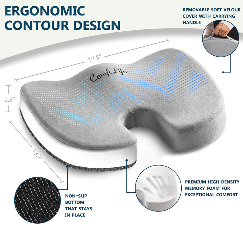 ComfiLife Premium Comfort Seat Cushion - Non-Slip Orthopedic 100% Memory Foam Coccyx Cushion for Tailbone Pain - Cushion for Office Chair Car Seat - Back Pain & Sciatica Relief (Gray) Gray