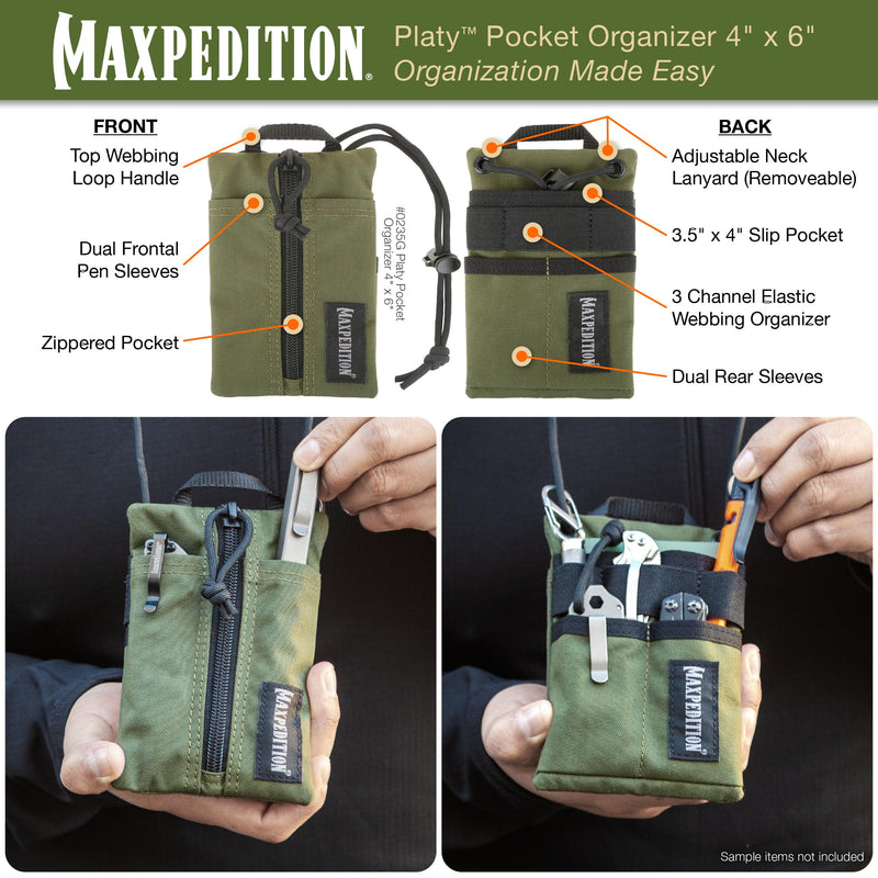 MAXPEDITION Platy Pocket Organizer, Durable EDC Tool Pouch for Men, Neck Wallet with Paracord Lanyard, Holds Flashlight, Multitool, Pen, Notebook (OD Green, 4" x 6")