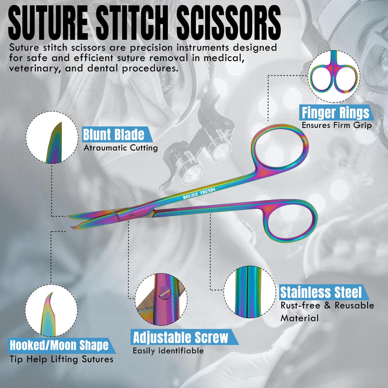 Suture Stitch Scissors with Multicolor/Rainbow Titanium Coating - Premium Quality Instrument- Delicate Hook - Perfect for Suture Removal, First Aid, EMS Training and More (13cm) 13cm