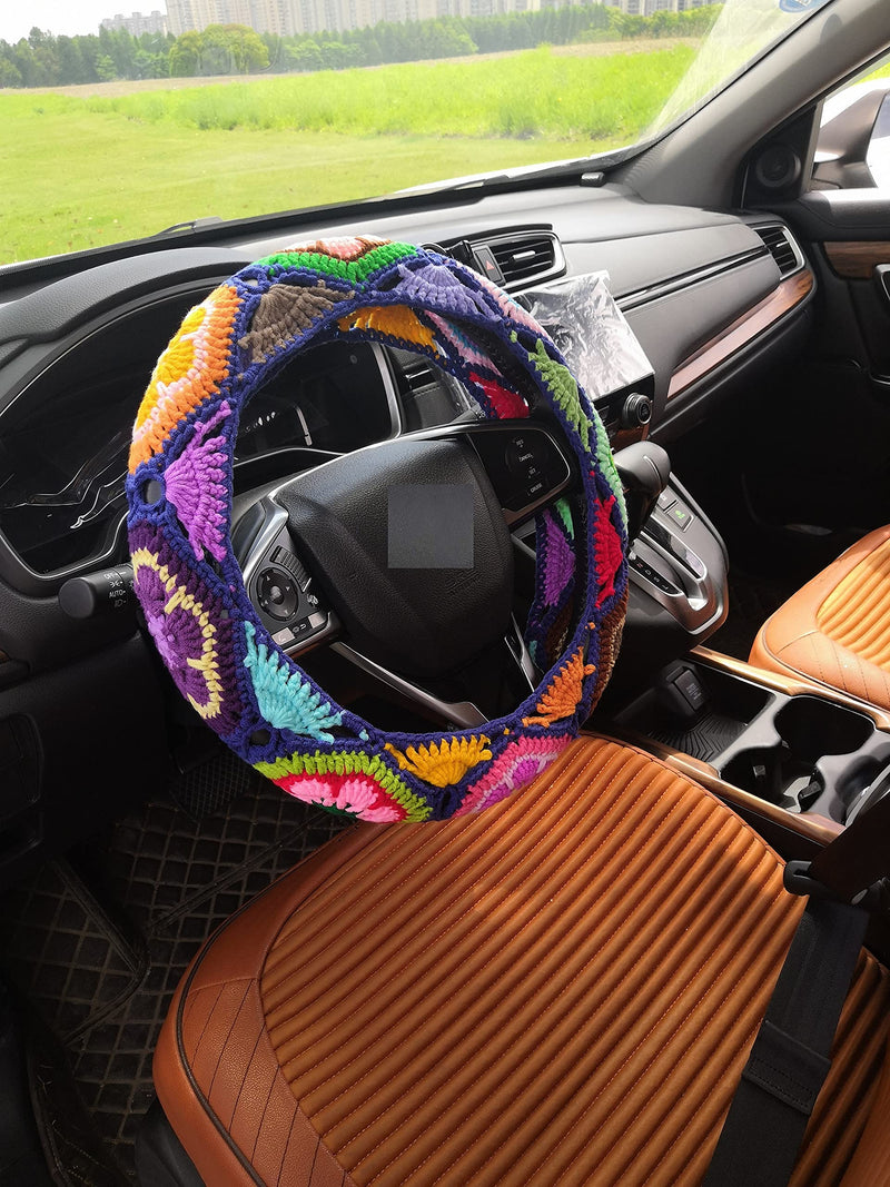 YDM Crochet Steering Wheel Cover, Sunflower Design, Standard Size (14-15 inches), Cotton, Slip Resistant, Elastic, Customizable Color, Gift Idea steering wheel cover+2 belt cover