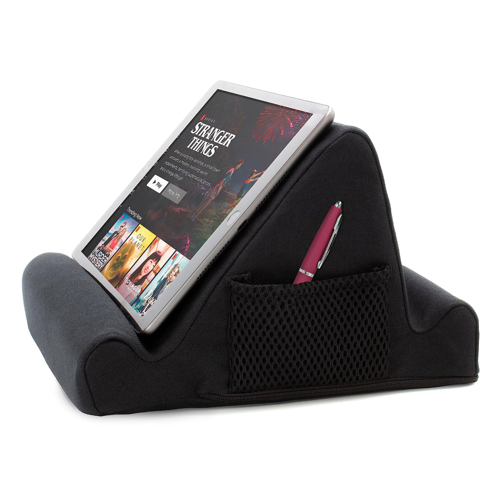 Brookstone, Memory Foam Lap Desk Tablet/Phone/iPad/E-Book Reader Holder, 2 Viewing Angles, 2 Side Storage Pockets for Extra Accessories, Perfect for Car, Travel, and Bedroom Black