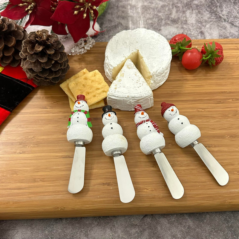 Wine Things Snowmen Cheese Spreaders, Hand-Painted Resin Handles with Stainless Steel Blades for Spreading Cream Cheese, Butter, and Jam, Assorted Designs, Set of 4