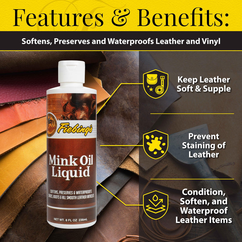 Fiebing's Liquid Mink Oil for Leather Boots (8 fl oz) - Leather Cleaner & Conditioner - Waterproof, Preserve, Soften All Smooth Leathercraft & Vinyl - Prevents Salt Stains - Use On Couch, Shoe, Purse 8 oz