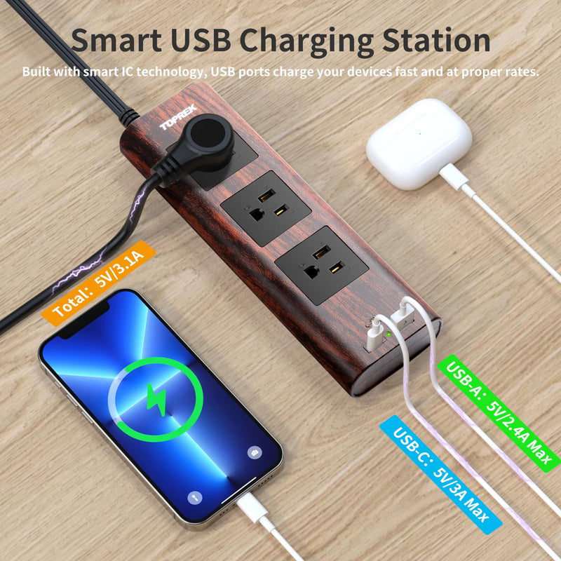 Power Strip Surge Protector (1800J) – 10FT Extension Cord with Ultra Thin Flat Plug, 3 Widely-Spaced Outlets, 1 USB-C & 1 USB-A Port, Wood Finish Power Strip with USB for Home, Office or Dorm Walnut Wood Grain