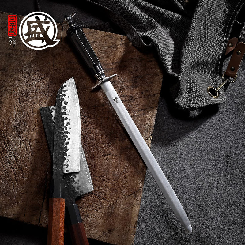 MITSUMOTO SAKARI 10 inch Japanese Honing Steel - Flat Diamond Knife Sharpening Rod, Professional High Carbon Sharpener with ABS Handle & Powerful Magnet Flat Sharpening Rod