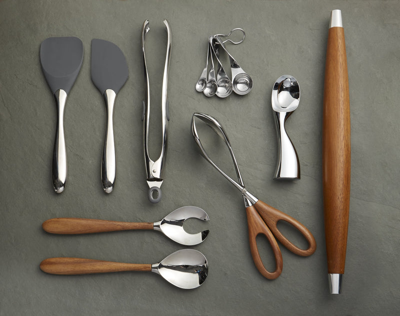 nambe Curvo Serving Fork | 13 Inch Serving Fork for Buffets, Salads, and Dinner Parties | Made of Stainless Steel and Acacia Wood | Designed by Steve Cozzolino