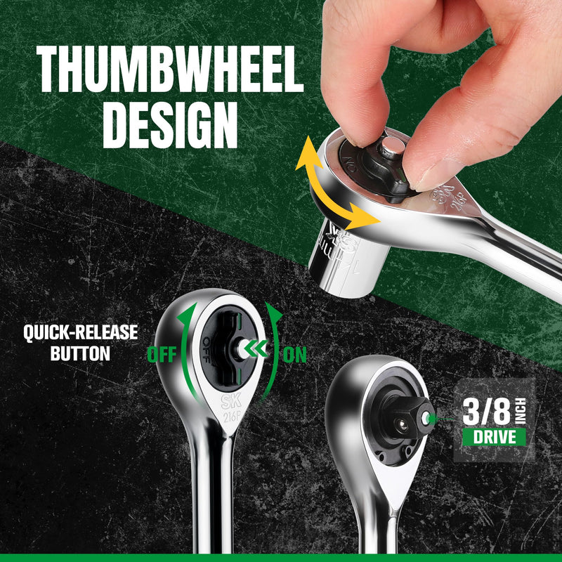SK 3/8" Drive Ratchet Handle, 216-Position 6 Pawl with Quick-Release Button | Premium CR-V Steel, Ergonomic Contoured Handle for Comfortable Use