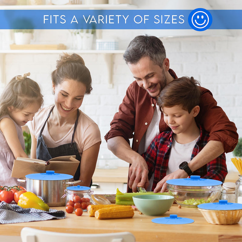 Silicone Bowl Lids Blue Set of 5 Reusable Suction Seal Covers for Bowls, Pots, Cups. Food Safe. Natural grip, interlocking handles for easy use and storage. 5 Piece Blue Translucent