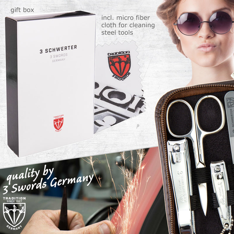 3 Swords Germany - brand quality 8 piece manicure pedicure grooming kit set for professional finger & toe nail care genuine leather case in gift box, Made in Germany BROWN - GENUINE LEATHER