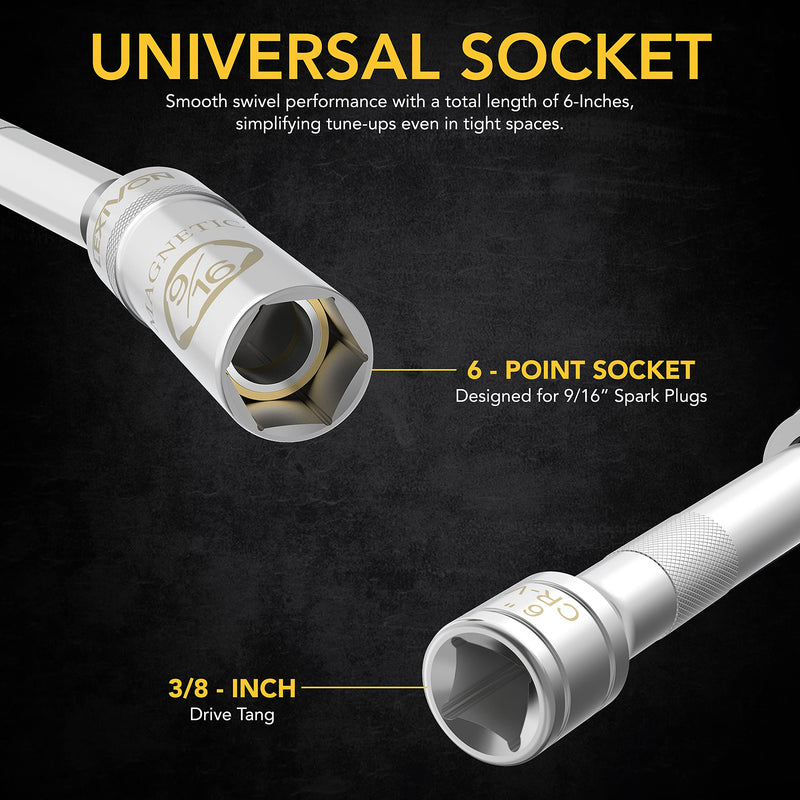 LEXIVON 9/16-Inch Spark Plug Swivel Socket, 3/8" Drive x 6" Total Length | Enhanced Magnetic Design with Thin Wall Socket, Cr-v Steel (LX-SSPS9166)