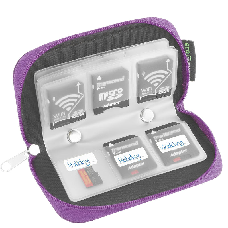 Eco-Fused Memory Card Case - Fits up to 22x SD, SDHC, Micro SD, Mini SD and 4X CF - Holder with 22 Slots (Purple) Purple