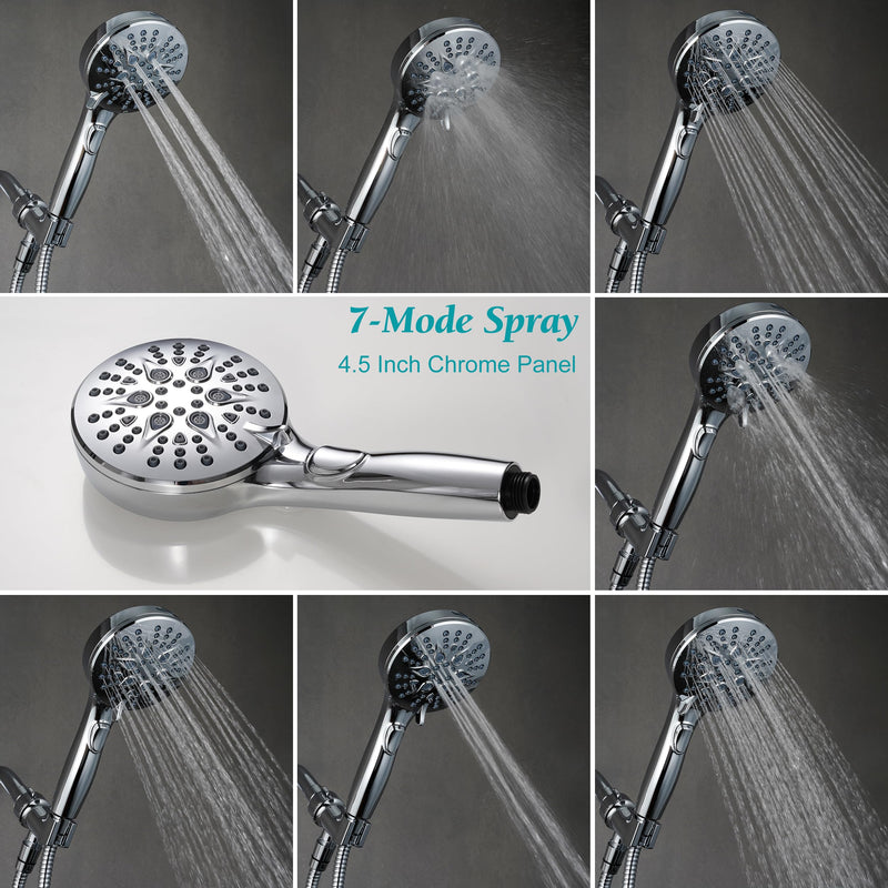 GwernKB Handheld Shower Head with on off Switch&Built-in Power Spray,7-Setting High Pressure Spray Shower Wand with 79in Long Hose&Bracket and Extra Adhesive Shower Holder for Lower Mount,Chrome Silver