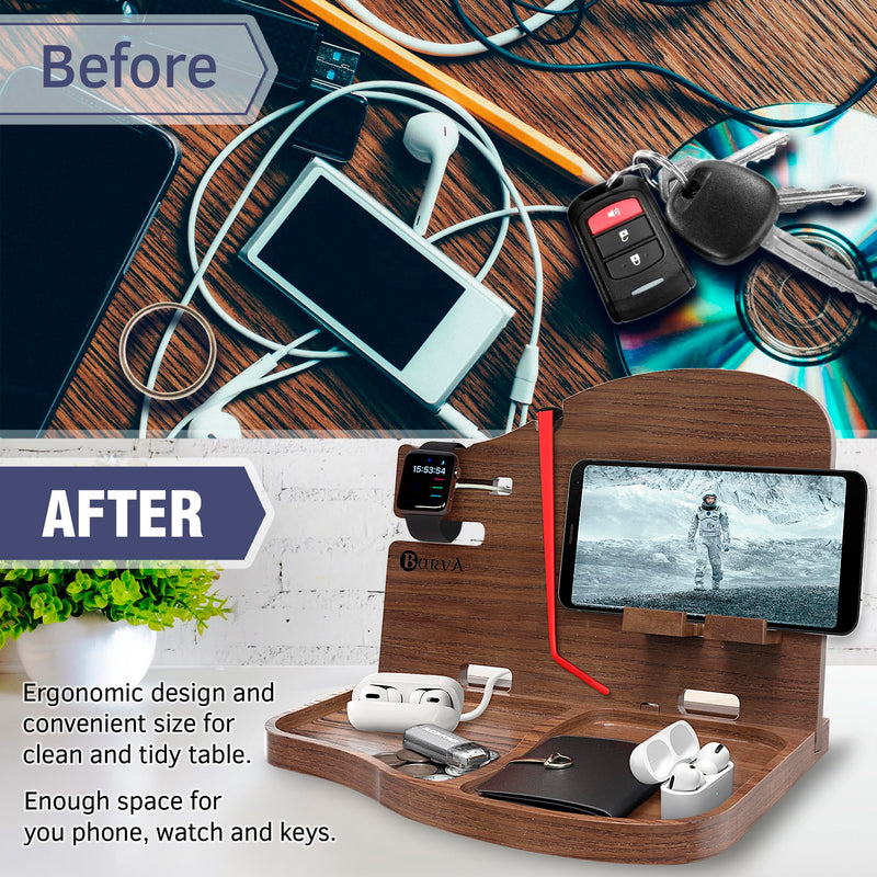 BarvA Wood Docking Station | Phone Stand & Desk Organizer | Night Stand Charging Station & Phone Holder | Compact Nightstand Organizer for Men's Accessories | Ideal Gifts for Men Dark Walnut