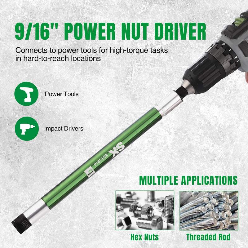 SK 9/16" Impact Nut Driver, 12-Inch Long Aluminum Hollow Shaft for Long Bolts, Free-Spinning Pull-Down Springback Design, 1/4'' Hex Shank Power Nut Setter with Ball Detent Locking Socket 12 in