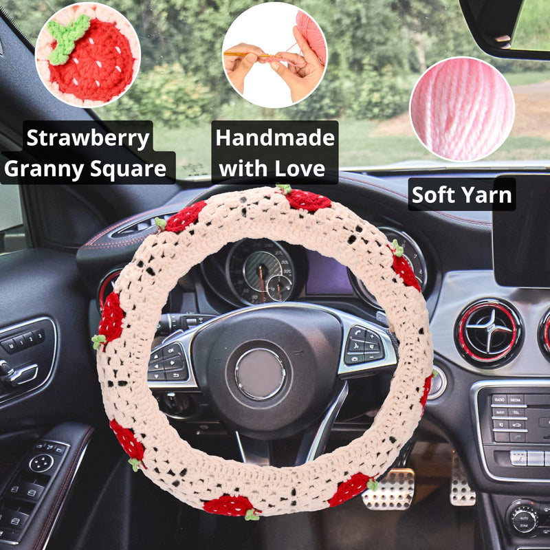 Crochet Steering Wheel Cover Set Women 14-15in, Handmade Granny Square Seat Belt Covers, Boho Strawberry Car Accessories Fit Vehicles, Sedans, SUVs, Vans CSWCS (Single Wheel Cover) Single Wheel Cover