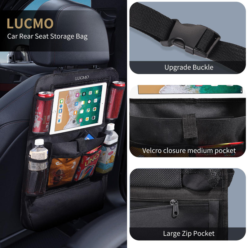 LUCMO Car Backseat Organizer with Touch Screen Tablet Holder-2 Pack,9 Storage Pockets Car Storage Organizer,Car Seat Back Protectors Kick Mats Travel Accessories for Kids-Black Black 2 Pack