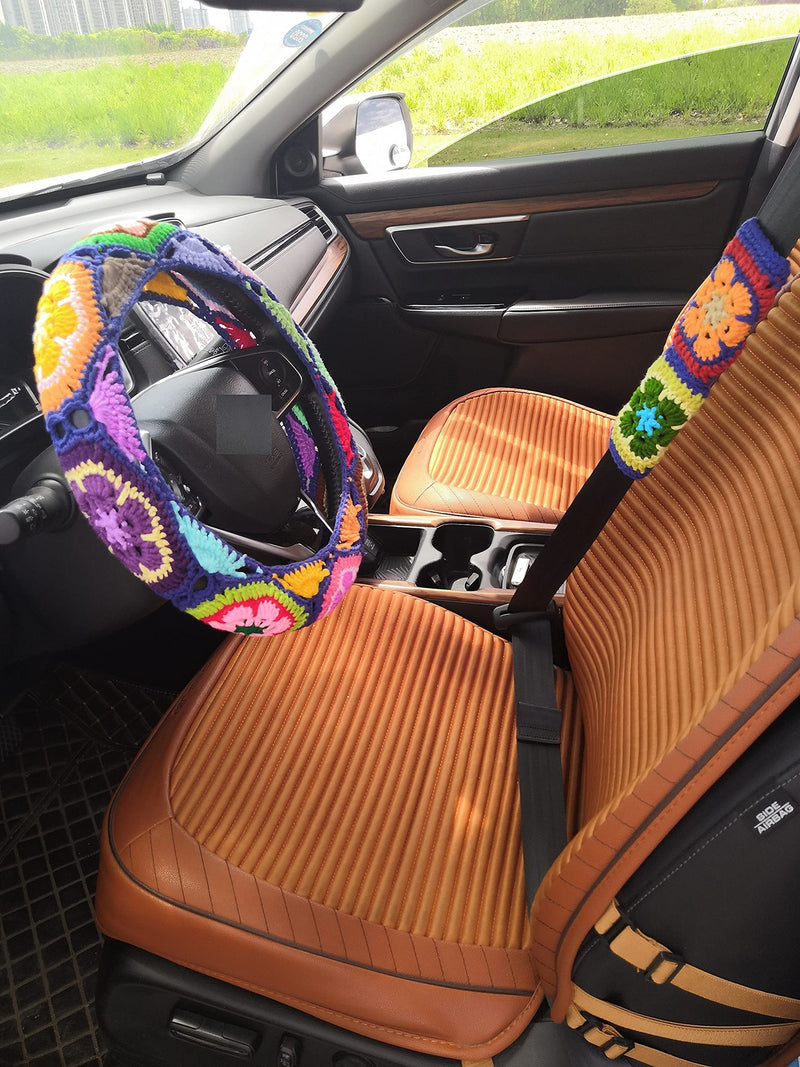 YDM Crochet Steering Wheel Cover, Sunflower Design, Standard Size (14-15 inches), Cotton, Slip Resistant, Elastic, Customizable Color, Gift Idea steering wheel cover+2 belt cover