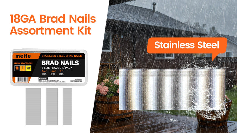 meite 18 Gauge Stainless Steel Brad Nails, Assortment Kit 3 Sizes (3/4", 1-1/4", 2-Inch) Finish Nails for Pneumatic, Electric 18GA Brad Nail Gun Nailer, Multi-Project Pack 1,200-Count Assorted 3 Sizes (1200 PCS) 1 Box