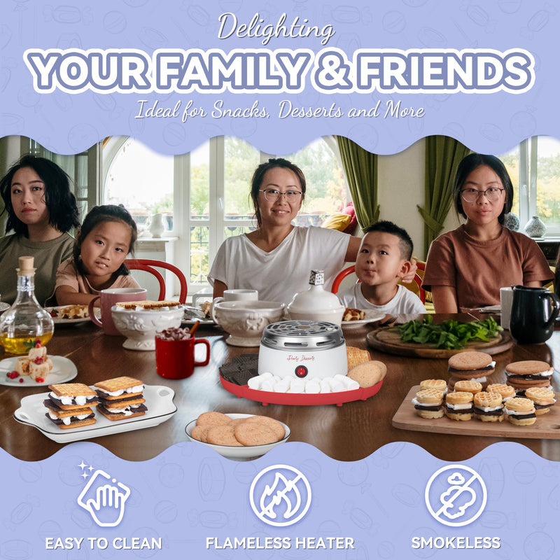 Party Desserts Electric Smores Maker Tabletop Indoor Kit, Indoor Marshmallow Roaster, Smores Station with 4 Compartment Trays & 4 Forks, Great Gift for Adults and Kids in Holidays and Parties (Red) Red