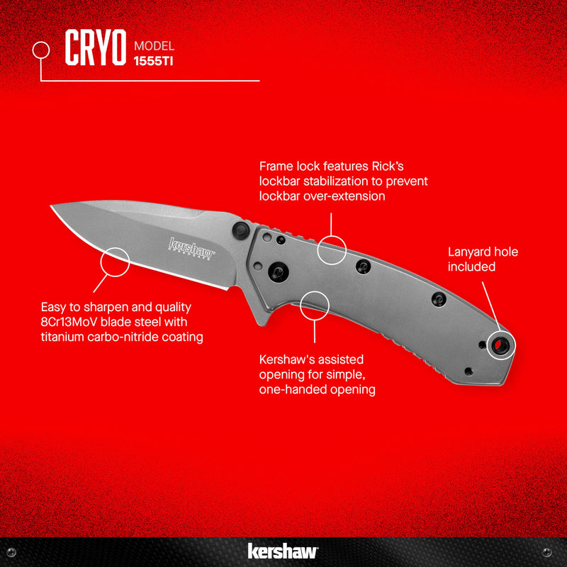 Kershaw Cryo Pocket Knife, EDC Knife with Speedsafe Assisted Opening, 2.75 Inch Stainless Steel Blade, Multiple Styles 1555TI