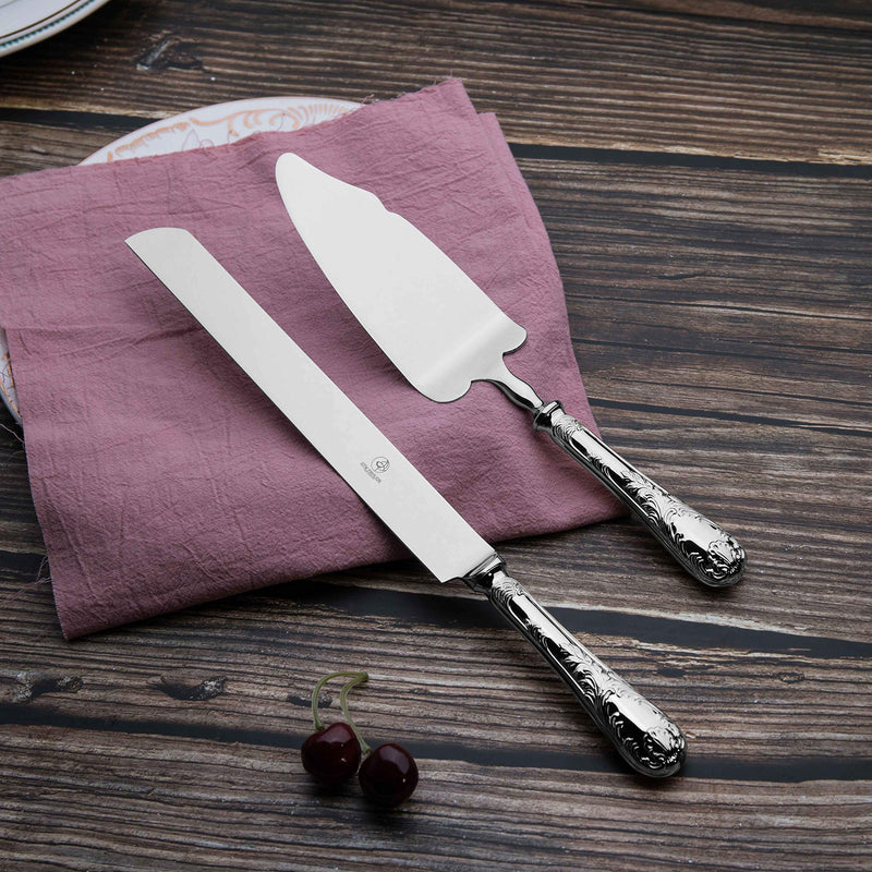 2 Piece Wedding Cake Server Set,18/10 Stainless Steel Dessert Set Pie Server Cake Cutter Knife for Birthday,Anniversary,Holiday,Baby Shower,Party (Versailles, Stainless steel-V) Versailles