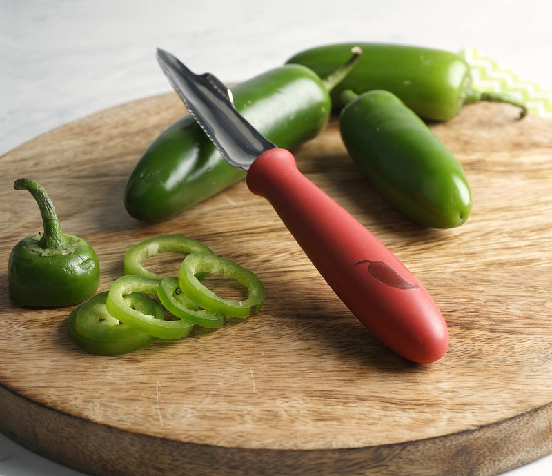RSVP International Endurance Collection Vegetable Core & Seed Remover, Tomato, Zucchini, Jalapeno Pepper Corer Tool, Dishwasher Safe, 8.25" Overall Length, Stainless Steel Blade, Red Handle
