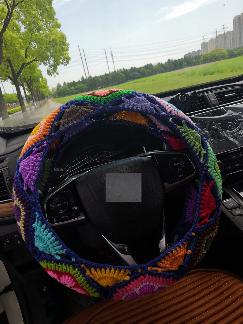 YDM Crochet Steering Wheel Cover, Sunflower Design, Standard Size (14-15 inches), Cotton, Slip Resistant, Elastic, Customizable Color, Gift Idea steering wheel cover+2 belt cover