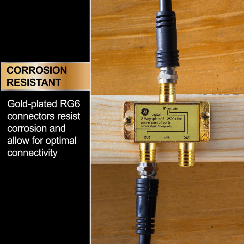 GE Digital 2-Way Coaxial Cable Splitter, 2.5 GHz 5-2500 MHz, RG6 Compatible, HD TV, Satellite, High Speed Internet, Amplifier, Antenna, Gold Plated Connectors, Corrosion Resistant, 2 Pack 73755