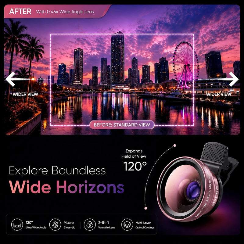 Phone Camera Lens Kit, 0.45X Super Wide Angle Lens + 15X Macro Lens 2 in 1 Professional Lens Attachment for Phone 17/16/15/14/13 Rose Gold