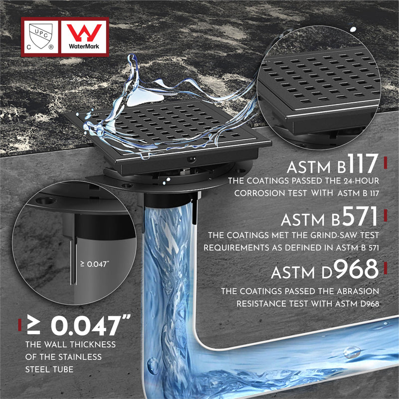 WEBANG 6 Inch Square Shower Floor Drain with Flange,Quadrato Pattern Grate Removable,Food-Grade SUS 304 Stainless Steel,Watermark&CUPC Certified,Matte Black Matte Black