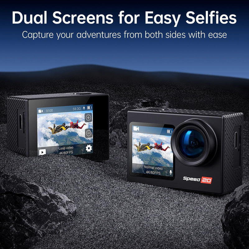 4K Action Camera 20MP Touch Screen WiFi EIS 131FT Waterproof | Dual touch screens, 170° wide-angle, 5X zoom, remote control. For snorkeling, biking, helmet. 2 rechargeable batteries.