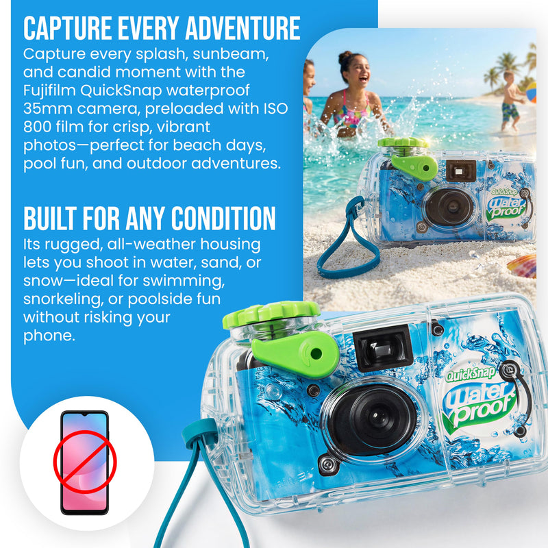 Fujifilm QuickSnap 800 Waterproof Camera Bundle with Archival Photo Sleeves | Single use 35 mm color film camera, 27 exposures, waterproof up to 35 feet, with 100 4x6 clear photo sleeves for prints