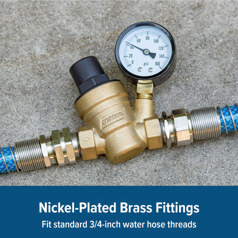 Camco Adjustable RV/Marine Brass Water Pressure Regulator | Help Stop Damage to RV/Marine Appliances, Plumbing Fixtures, and Hoses | Features Standard Garden Hose Threads for Simple Hookup | (40058)