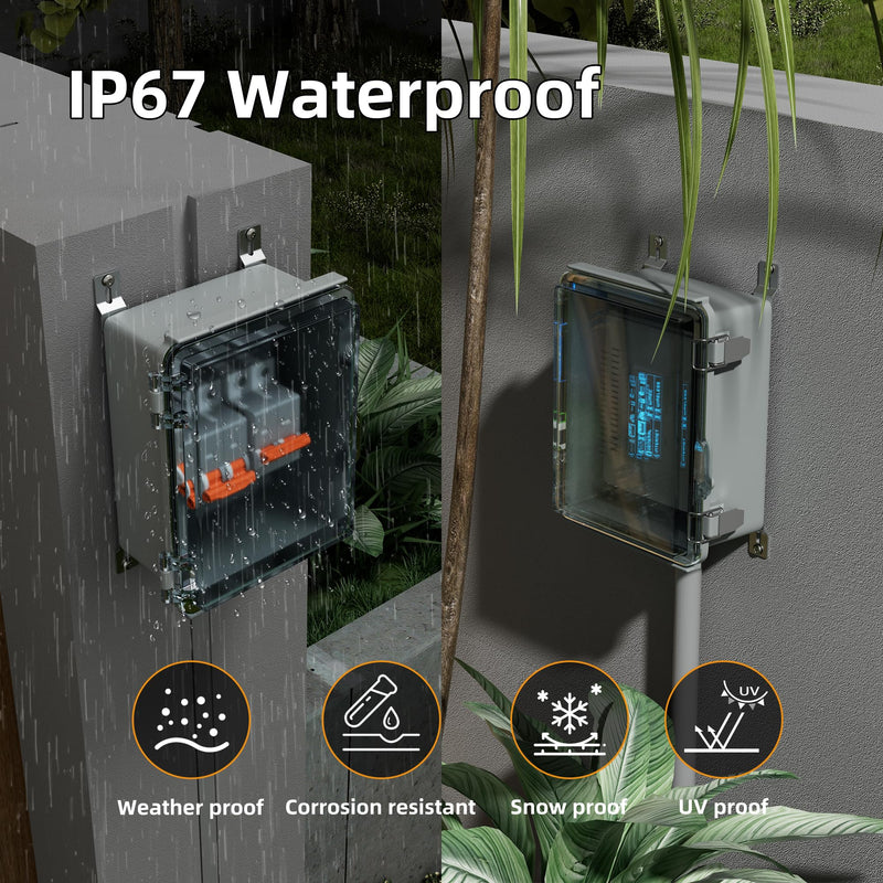 Joinfworld Outdoor Waterproof WiFi Enclosure 8.7x6.7x4.3 | Weatherproof Outdoor Electrical Junction Box, IP67 Rated, DIN Rail & Stainless Latch for Solar, Irrigation, Network & DIY 8.7"x6.7"x4.3" Clear